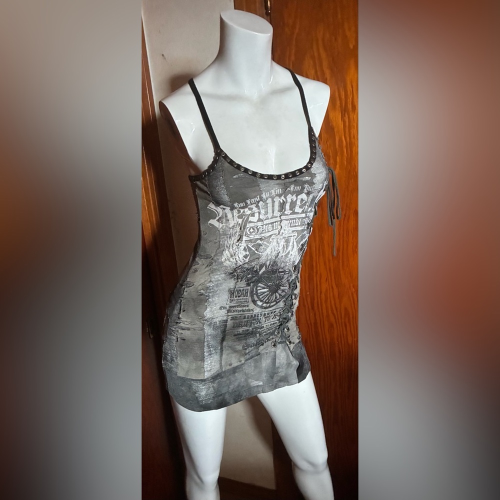 ****SOLD**** Salvage Brand Grey Corset Adjustable Spaghetti Strap Tunic Top